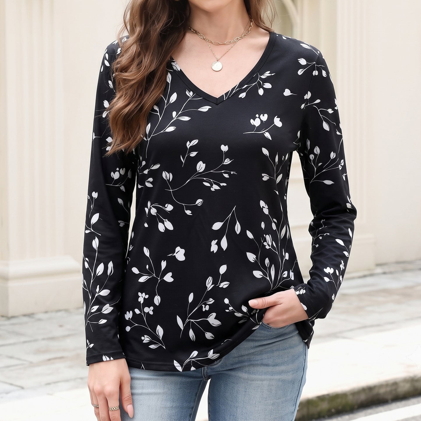 WQD Women's Long Sleeve Floral Tops V Neck Casual Tunic Shirts Lightweight Everyday Tops for Spring Fall Winter Including Plus Size