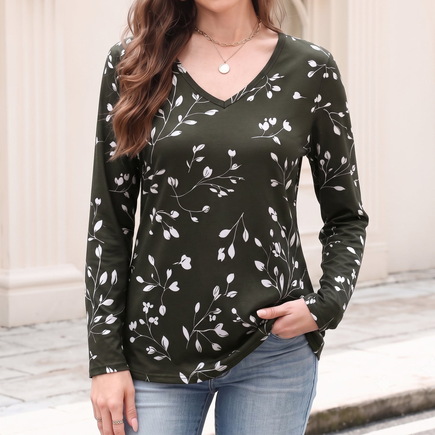 WQD Women's Long Sleeve Floral Tops V Neck Casual Tunic Shirts Lightweight Everyday Tops for Spring Fall Winter Including Plus Size