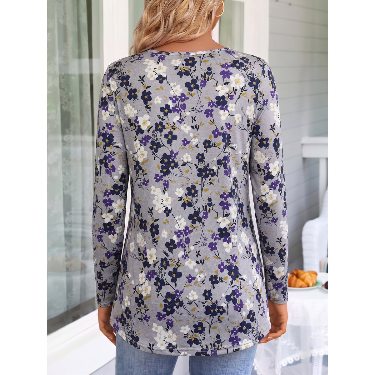 WQD Women's Long Sleeve Tunic Tops Floral Print Casual Crew Neck Pleated Blouse Loose Fit Flowy Shirts Dressy Casual Tops for Leggings S-4XL Plus Size