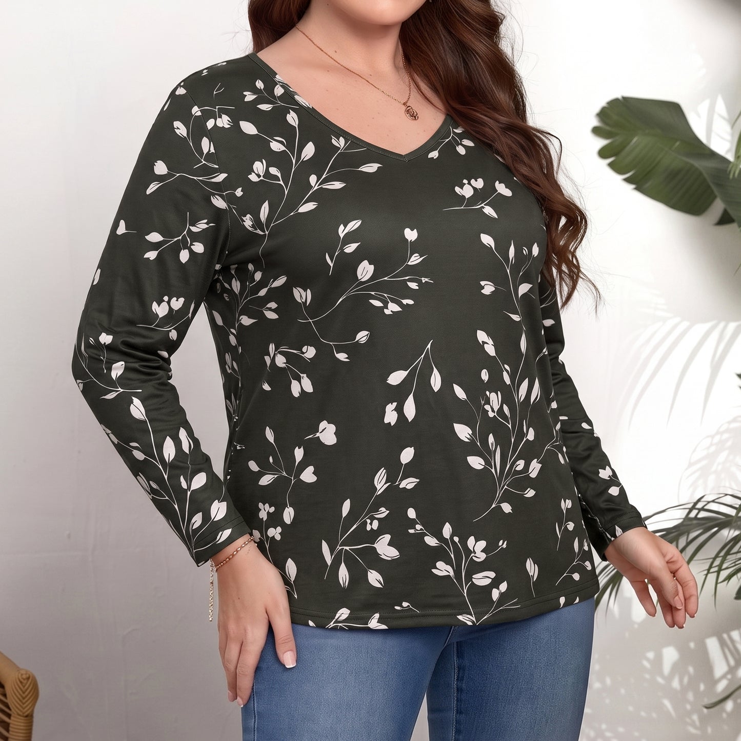 WQD Women's Long Sleeve Floral Tops V Neck Casual Tunic Shirts Lightweight Everyday Tops for Spring Fall Winter Including Plus Size