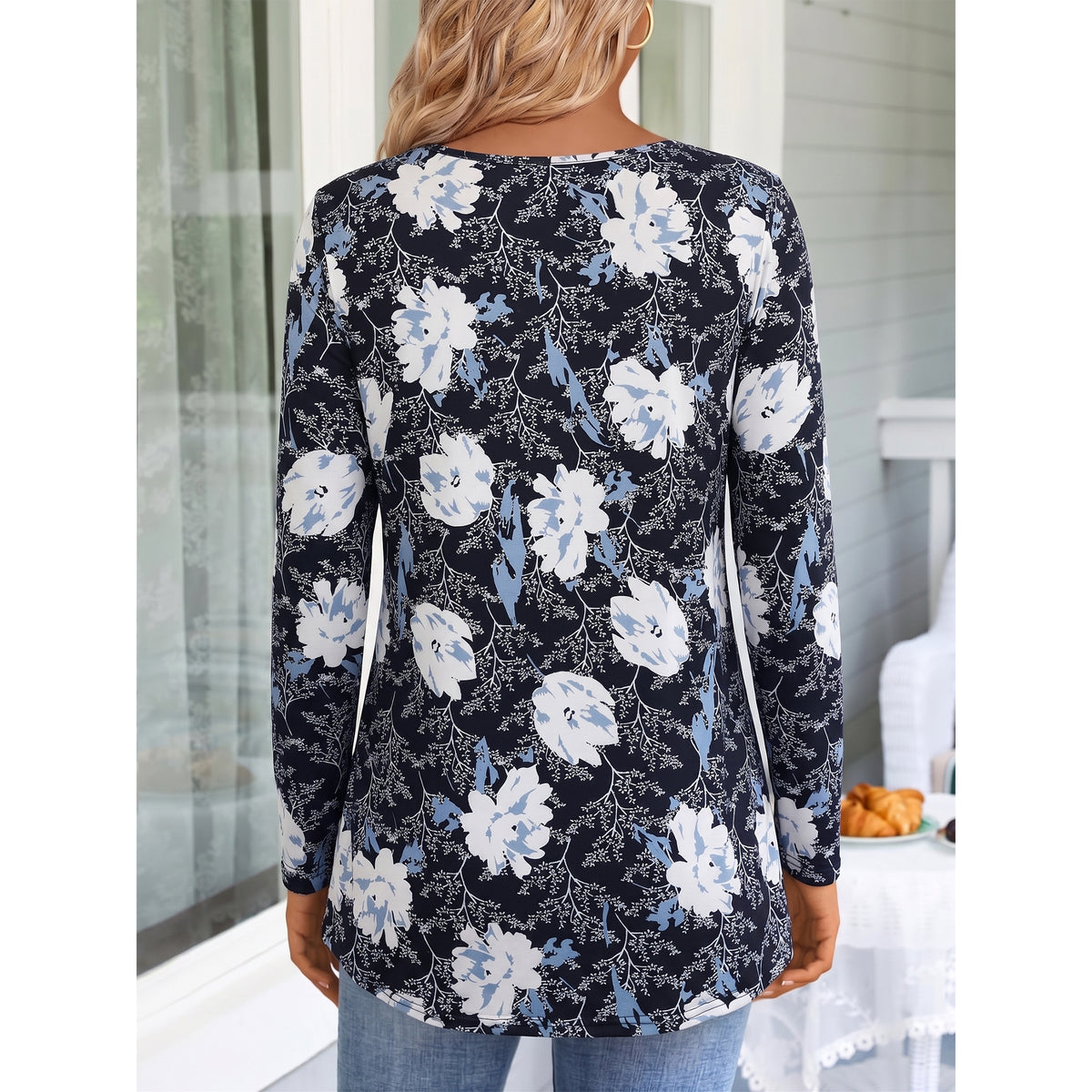 WQD Women's Long Sleeve Tunic Tops Floral Print Casual Crew Neck Pleated Blouse Loose Fit Flowy Shirts Dressy Casual Tops for Leggings S-4XL Plus Size