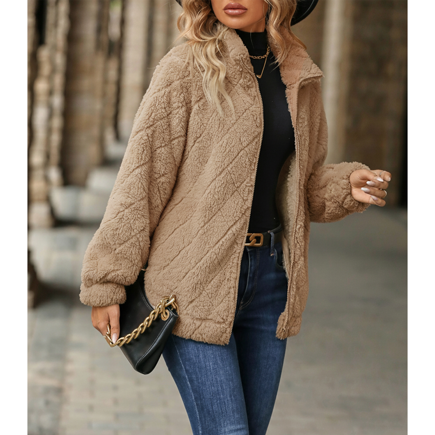 WQD Womens Sherpa Fleece Zip Up Jacket Long Sleeve Stand Collar Warm Fuzzy Teddy Coat Casual Winter Outerwear Soft Cozy Plush Sweatshirt