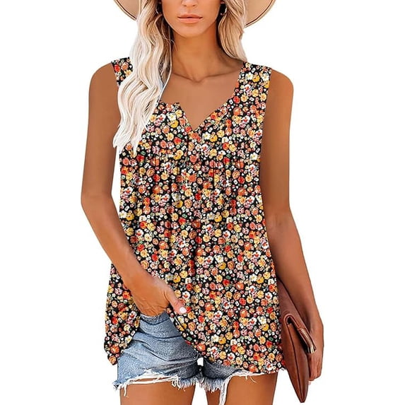 Women’s Tank Top Summer Floral Sleeveless V Neck Blouse Casual Dressy Tunic Loose Fit Lightweight Printed Shirt for Beach Vacation Daily Fashion Wear