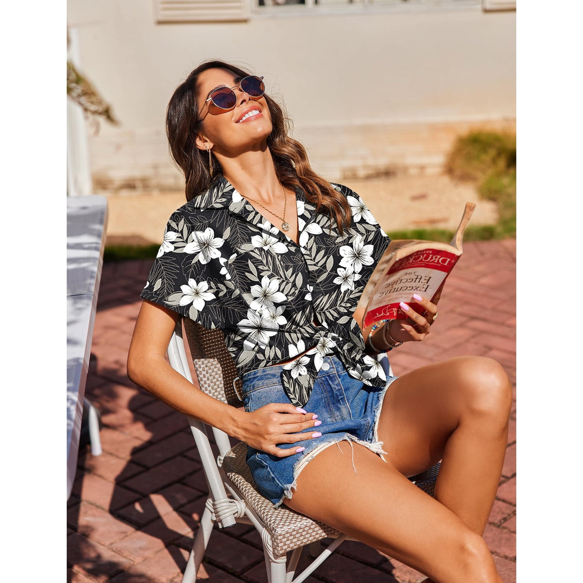 WQD Women’s Tropical Hawaiian Shirt Floral Print Button Up Short Sleeve Tops Summer Casual Beach Holiday Vacation Blouses Lightweight