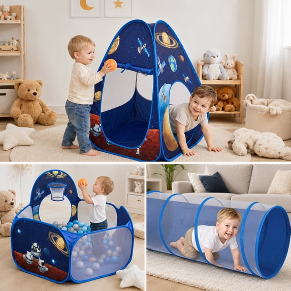 Flynow Rocket Ship Play Tent House Pop up toys for 0-1-2-3-4-5-6 Age boys Gift Play Tent Kids Indoor Outdoor Spaceship Playhouse Tent Set Basketball Hoop Indoor