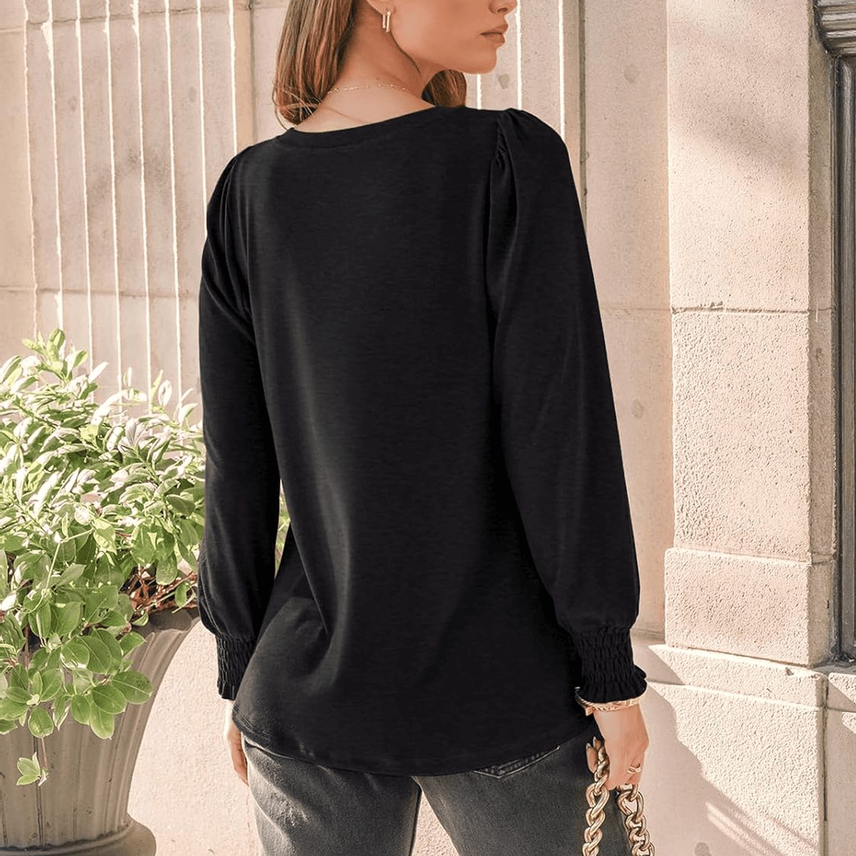 WQD Womens Long Sleeve Shirts Pleated Crewneck Tops Business Casual Blouses Fashion Dressy Smocked Cuffs Pullover Fall Spring Winter