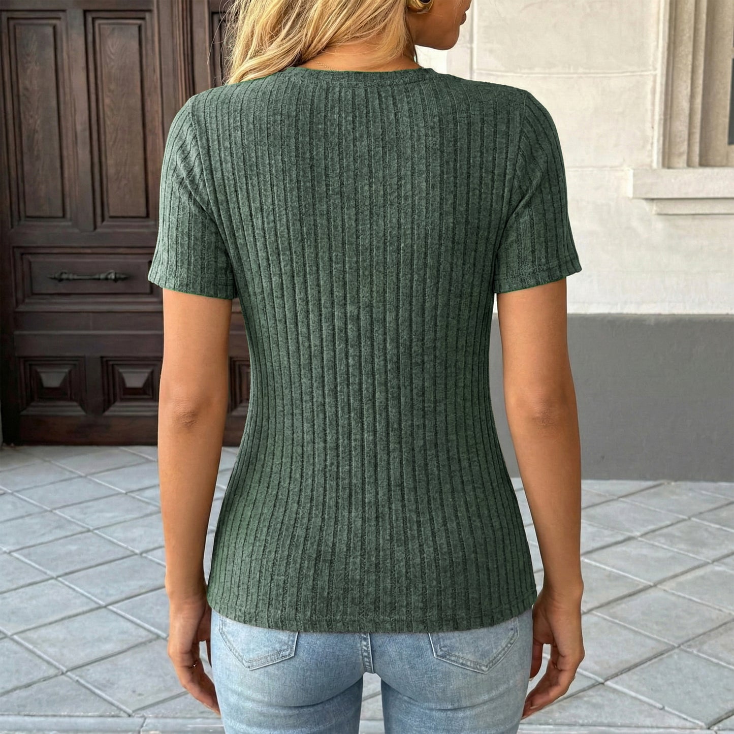 WQD Womens Summer Short Sleeve V Neck Tops Casual Tunic Shirts Button Detail Loose Fit T Shirts for Work Daily Wear Vacation