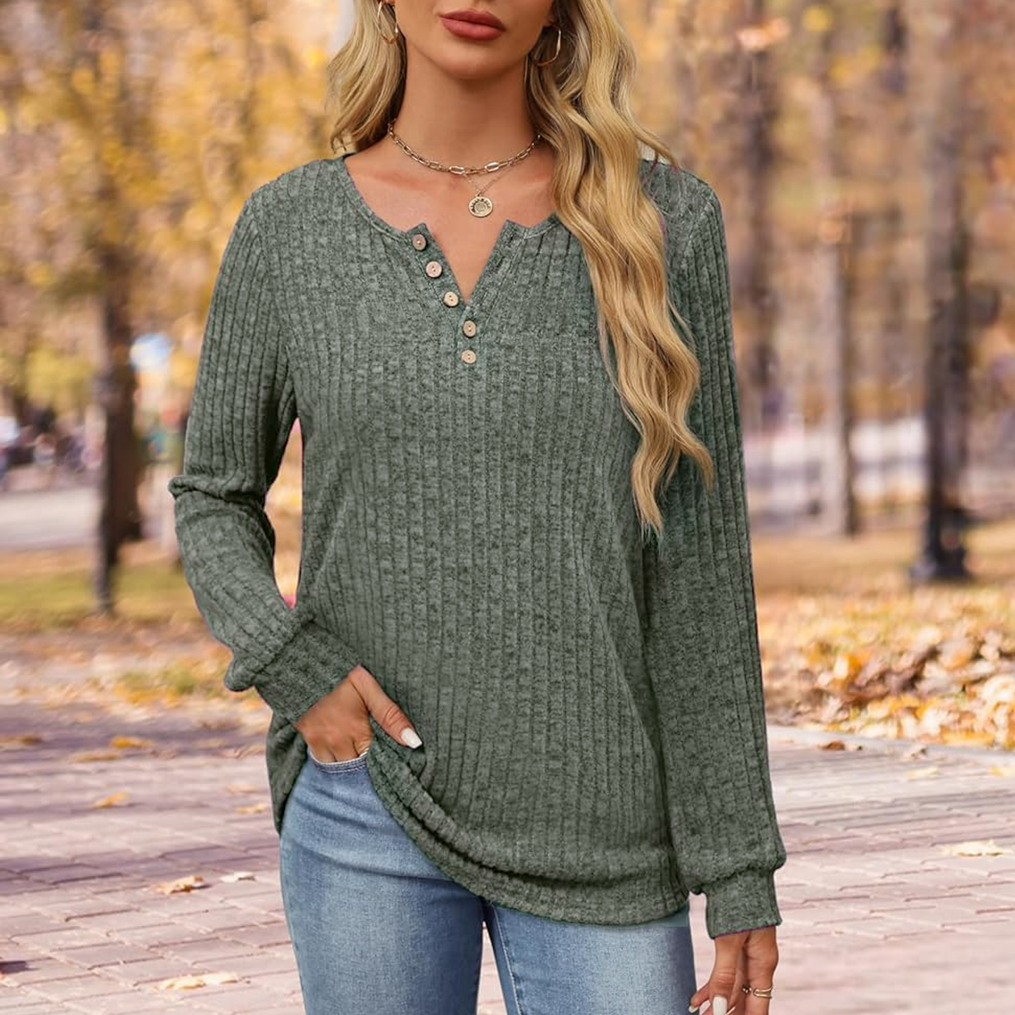 WQD Womens Sweater Long Sleeve Henley Shirts Loose Tunic Tops Casual Pullover Trendy Outfits for Fall Winter Spring (Available in Plus Size)