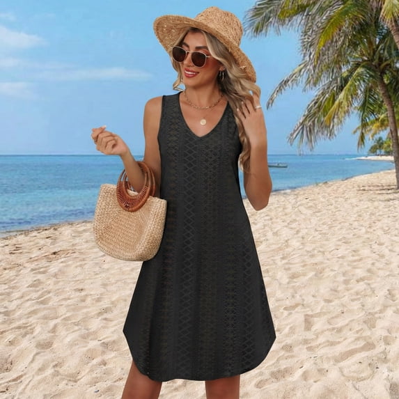 WQD Womens Summer Dresses 2026 Loose V Neck Sleeveless Sundress Casual Lightweight Beach Vacation Swimsuit Cover Up Dress