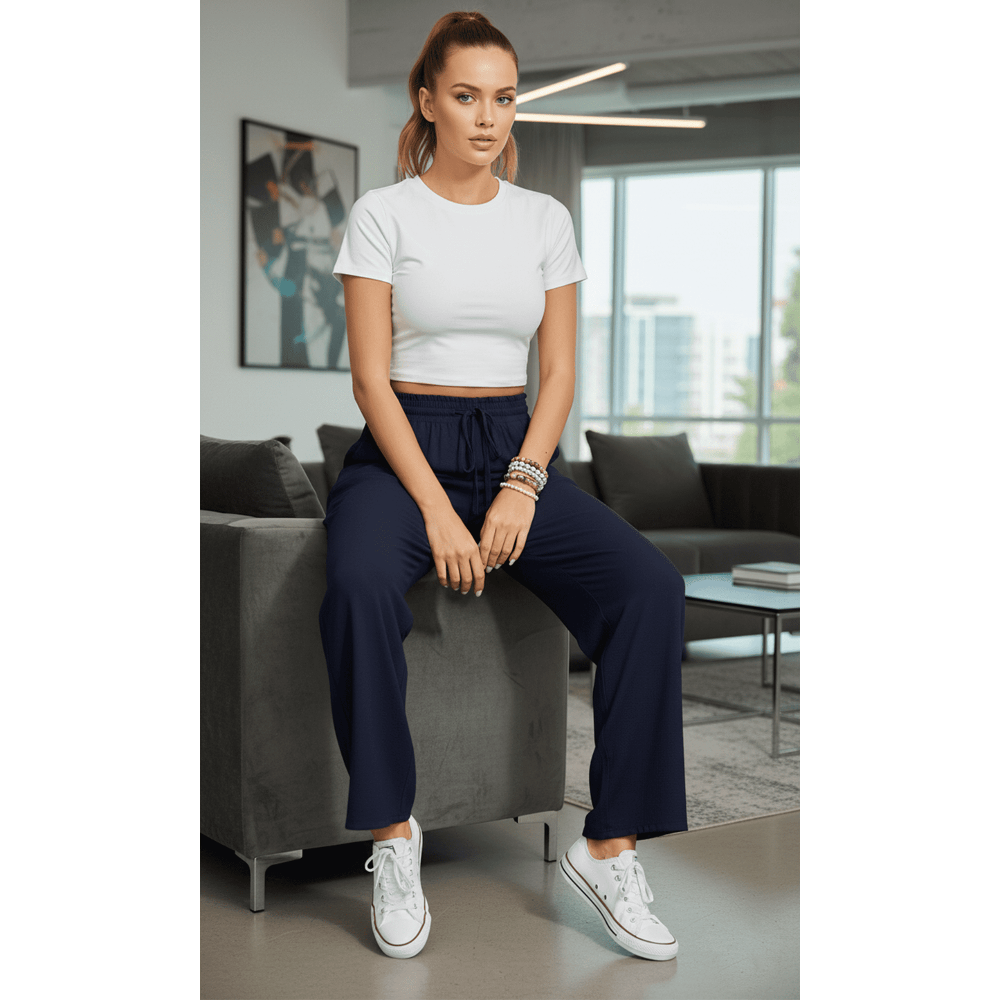 Women’s Casual Wide Leg Sweatpants Flowy Lounge Pants with Pockets Adjustable Tie Knot Elastic Waist Pajama Pants