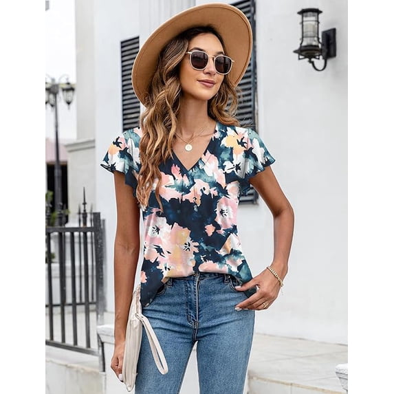 WQD Women’s Summer Floral Tops Flutter Short Sleeve V Neck Blouse Dressy Casual Loose Fit Tunic Shirts Trendy Ruffle Sleeve T Shirts