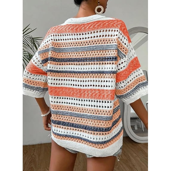 Women’s Crochet Sweater Top V Neck Cap Short Sleeve Spring Summer Knit Shirt Loose Hollow Out Striped Pullover Beach Vacation Cruise Casual Fashion Clothes