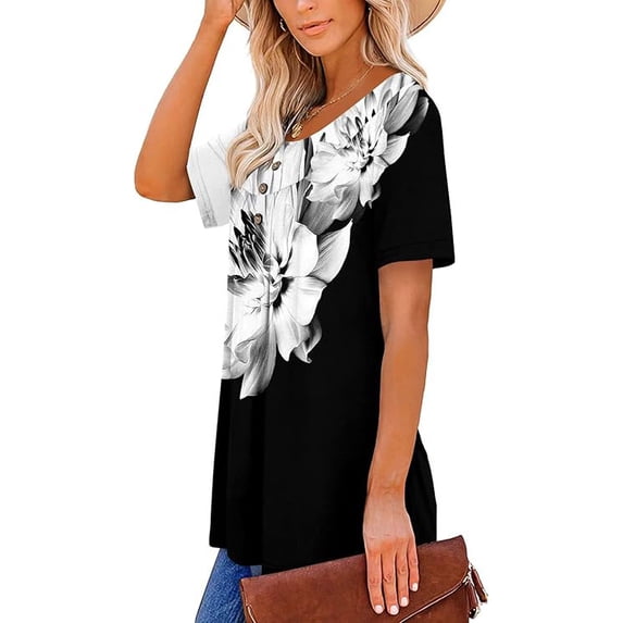 Women’s Short Sleeve Floral Tops Summer Casual Loose Fit Tunic Shirts Button Detail Flowy Blouses for Leggings Jeans Daily Wear
