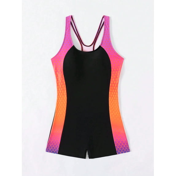 Women's Athletic One Piece Swimsuit Tummy Control Boyleg Racerback Sport Swimwear Color Block Bathing Suit for Lap Swimming Pool
