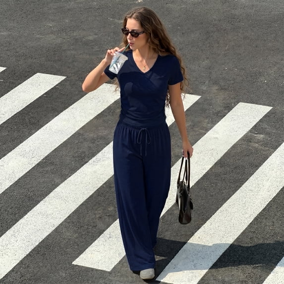 WQD Womens 2 Piece Set Outfits Lounge Sets Ruched Short Sleeve Tops High Waisted Wide Leg Pants Tracksuit Sets