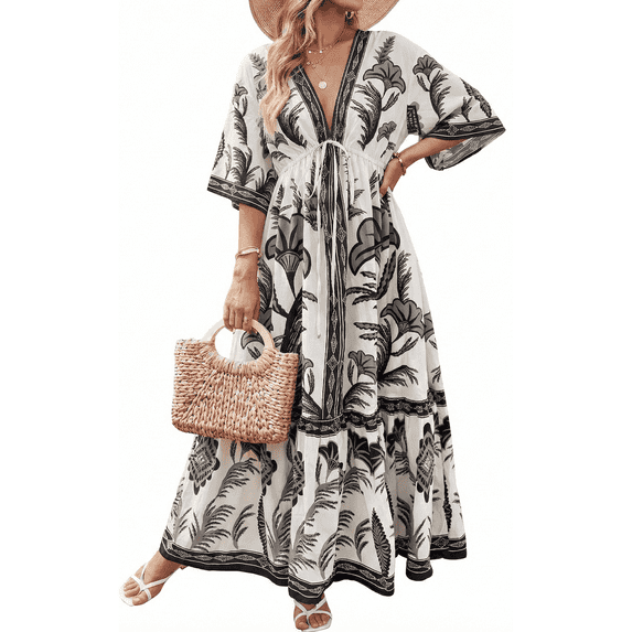 Women's Floral V Neck Maxi Dress Short Sleeve Shirred Flowy Summer Dresses