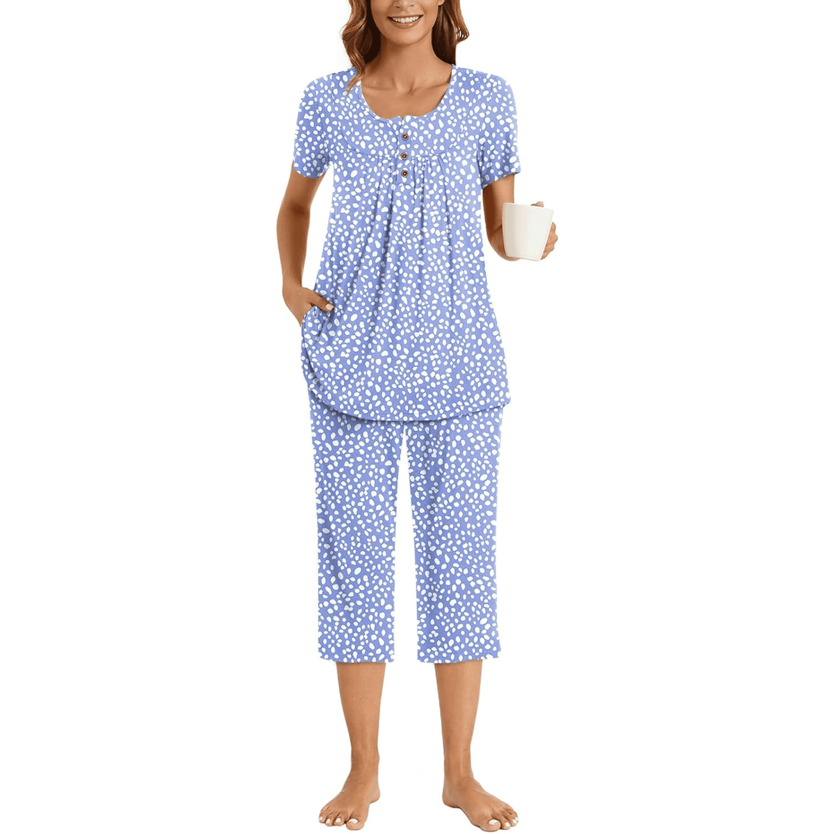 WQD Womens Pajama Sets 2 Piece Lounge Sets Soft Loungewear Comfy Pj Sets Henley Neck Short Sleeve Top and Capri Pants Loose Sleepwear with Pockets