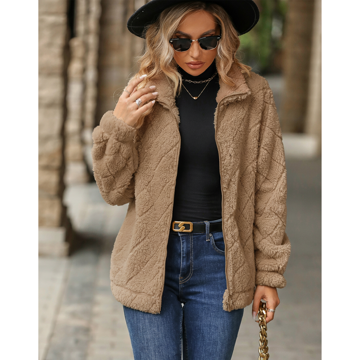 WQD Womens Sherpa Fleece Zip Up Jacket Long Sleeve Stand Collar Warm Fuzzy Teddy Coat Casual Winter Outerwear Soft Cozy Plush Sweatshirt