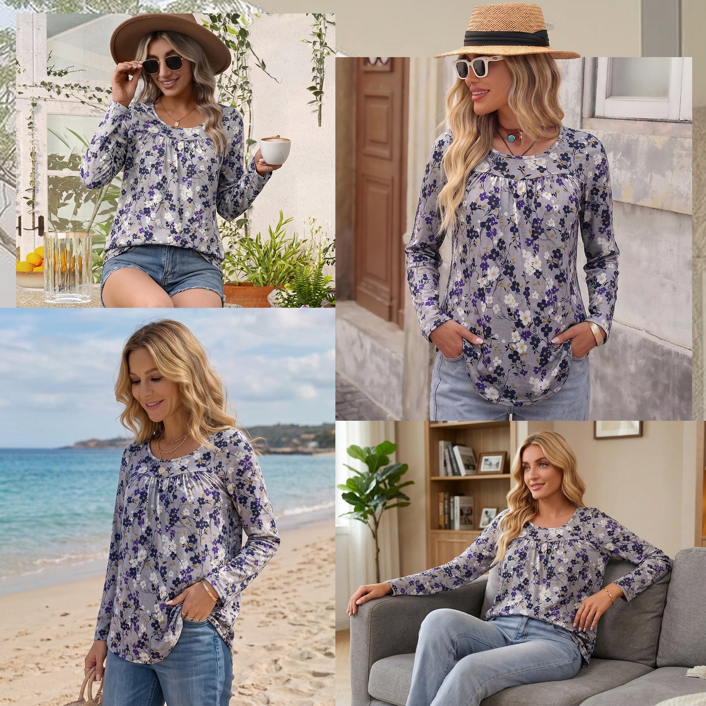 WQD Women's Long Sleeve Tunic Tops Floral Print Casual Crew Neck Pleated Blouse Loose Fit Flowy Shirts Dressy Casual Tops for Leggings S-4XL Plus Size