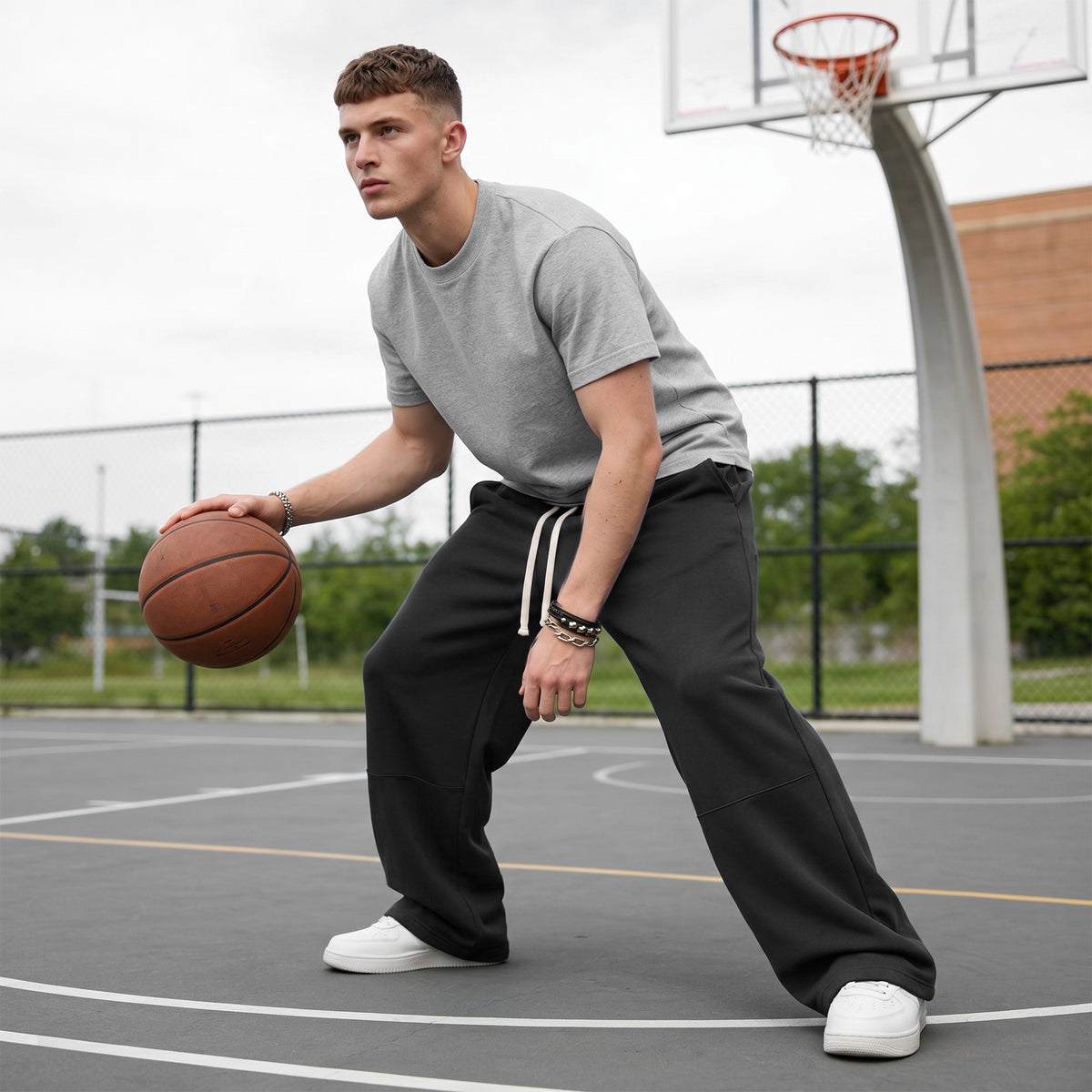Mens Sweatpants Baggy Loose Fit Raw Hem Pants Casual Drawstring Pants Y2K Wide Leg Stretchy Pants with Pockets