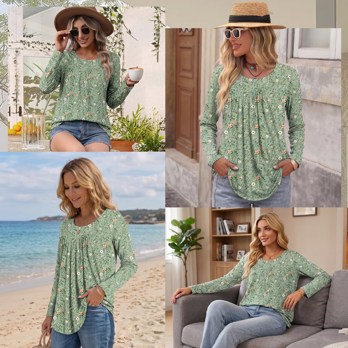 WQD Women's Long Sleeve Tunic Tops Floral Print Casual Crew Neck Pleated Blouse Loose Fit Flowy Shirts Dressy Casual Tops for Leggings S-4XL Plus Size