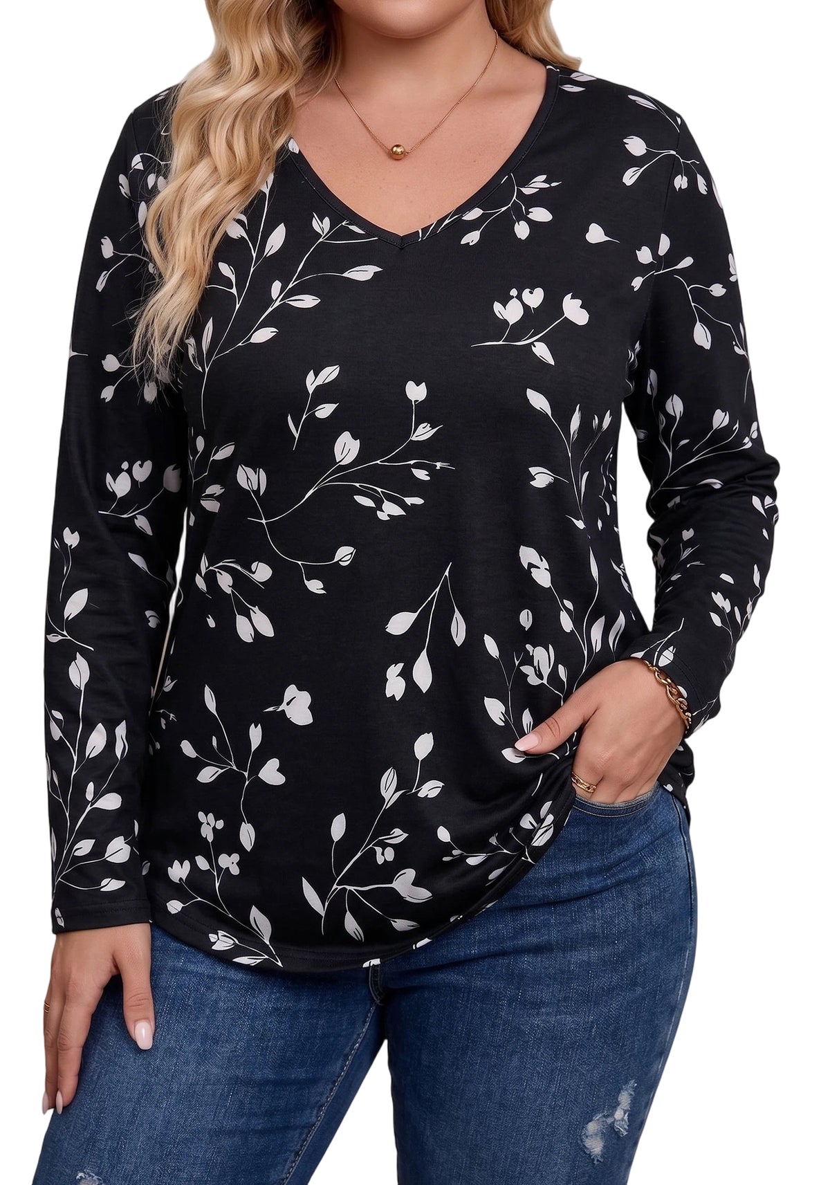WQD Women's Long Sleeve Floral Tops V Neck Casual Tunic Shirts Lightweight Everyday Tops for Spring Fall Winter Including Plus Size