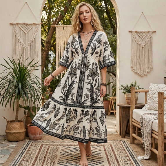 Women's Floral V Neck Maxi Dress Short Sleeve Shirred Flowy Summer Dresses