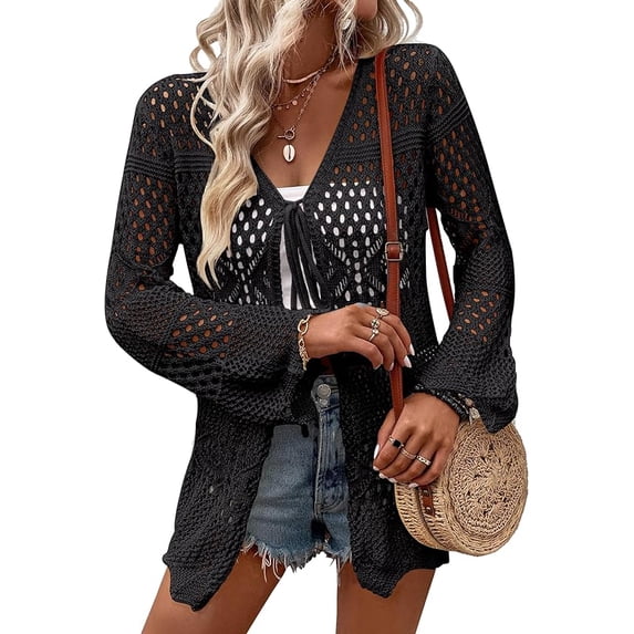 WQD Women Crochet Cardigan for Summer Spring Fall, Lightweight Oversized Tie Front Hollow Out Long Sleeves Kimono Boho Knit Beach Cover Up with Swimsuit, Bikini, Bathing Suit