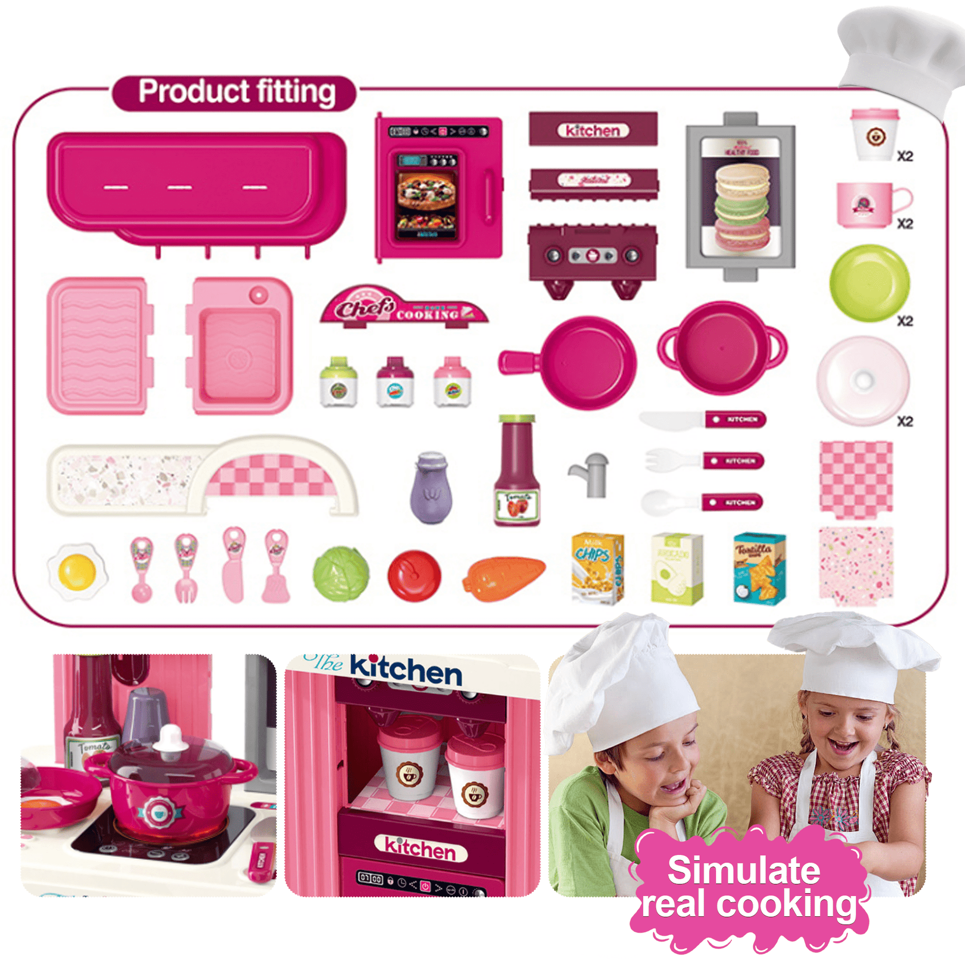 Flynow Kids Kitchen Playset Toys, Kitchenette Pretend Play for Toddler 1-3 Year Old, 42pcs Interactive Toy Accessories with Lights Sounds, Christmas Birthday Gift for Girls Age 2 4 5 6 7 8 9 10