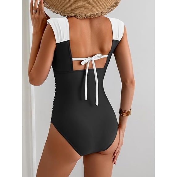 WQD Womens One Piece Swimsuit Square Neck Tummy Control Bathing Suit Ruched Retro Modest Full Coverage Swimwear