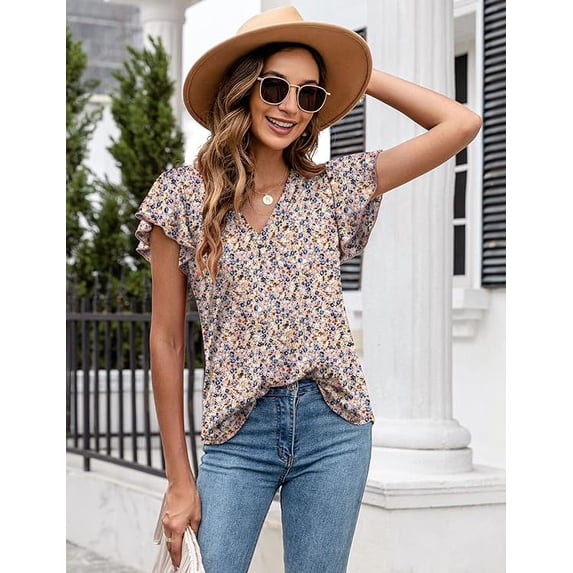 WQD Women’s Summer Floral Tops Flutter Short Sleeve V Neck Blouse Dressy Casual Loose Fit Tunic Shirts Trendy Ruffle Sleeve T Shirts