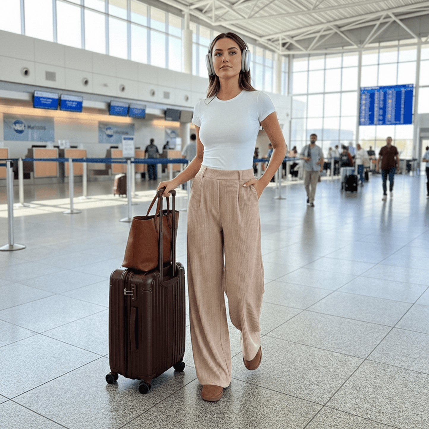 Women’s High Waisted Wide Leg Pants Casual Straight Leg Trousers with Front Pleats Elastic Back Waist Lounge Work Pants