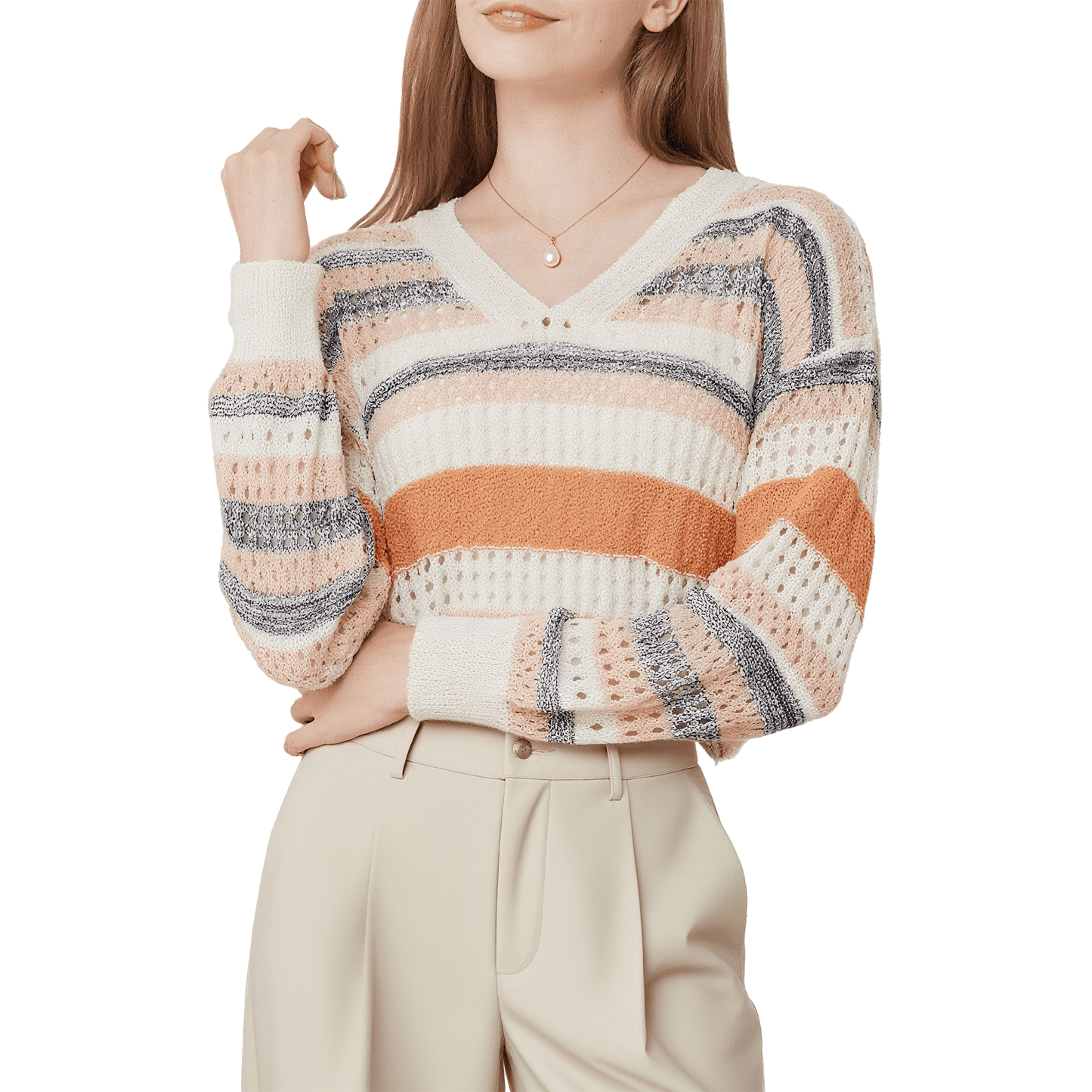 WQD Womens Long Sleeve Shirts Crochet Knit Sweater Hollow Out Striped Tops Casual Trendy Outfits for Fall Winter Spring