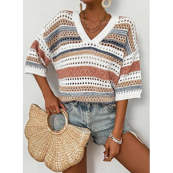 Women’s Crochet Sweater Top V Neck Cap Short Sleeve Spring Summer Knit Shirt Loose Hollow Out Striped Pullover Beach Vacation Cruise Casual Fashion Clothes