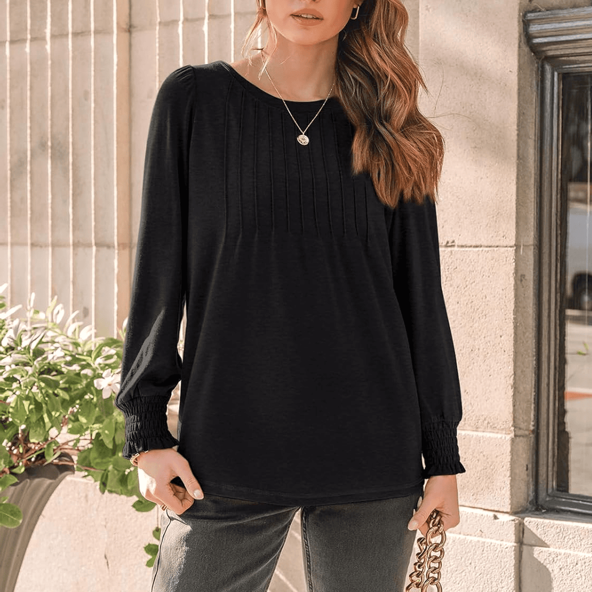 WQD Womens Long Sleeve Shirts Pleated Crewneck Tops Business Casual Blouses Fashion Dressy Smocked Cuffs Pullover Fall Spring Winter