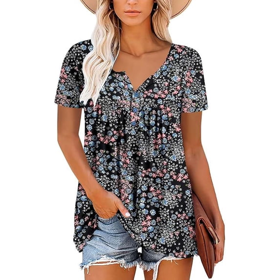 Women’s Short Sleeve Floral Tops Summer Casual Loose Fit Tunic Shirts Button Detail Flowy Blouses for Leggings Jeans Daily Wear