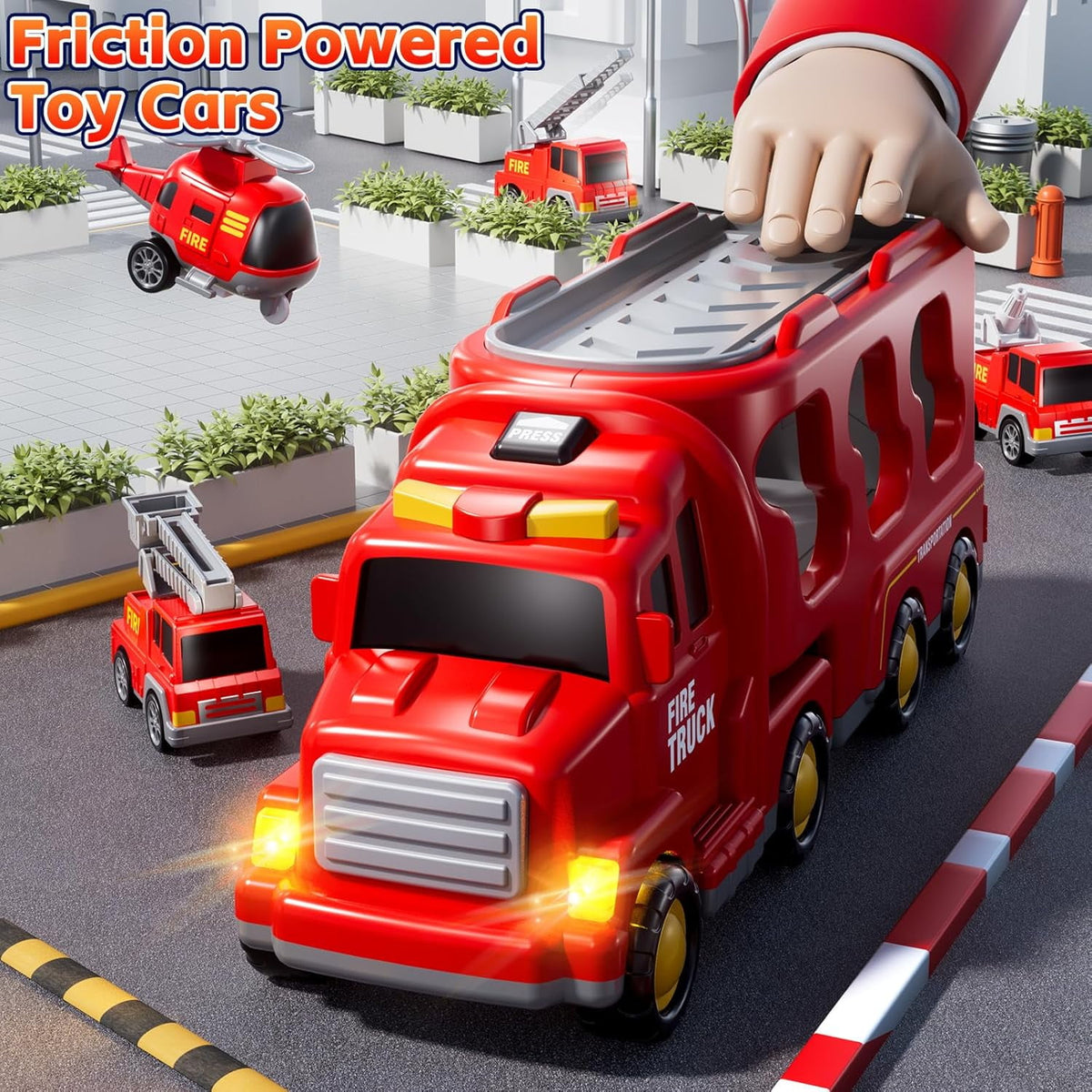 Flynow Fire Truck Car Toy for Toddler Age 3+, Toy Set with Light Sound, Christmas Birthdays Gift for Kids Boy Girl 3 4 5 6 7 8 Year Old
