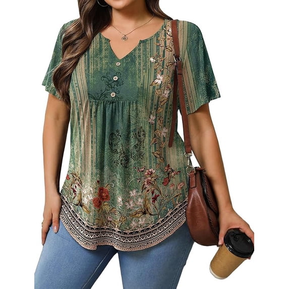 Womens Plus Size Tunic Tops Summer Short Sleeve V Neck Floral Blouse Casual Loose Fit Pleated Button Down Dressy T Shirts for Work, Travel & Everyday Wear