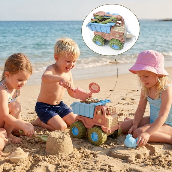 Flynow 7 Pcs Beach Toy Set for Kids 3+ Years Old, Friendly Travel Play Sand Construction Set, Sand Castle Building Kit, Car Toy Set Birthday Gift for Girl Boy Age 3 4 5 6 7 8
