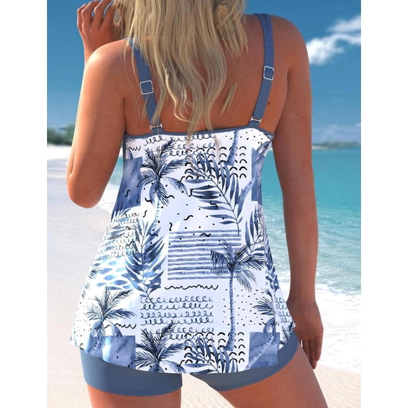Women Two Piece Tankini Swimsuit Tummy Control Long Torso Top and High Waisted Boyshorts Bathing Suits