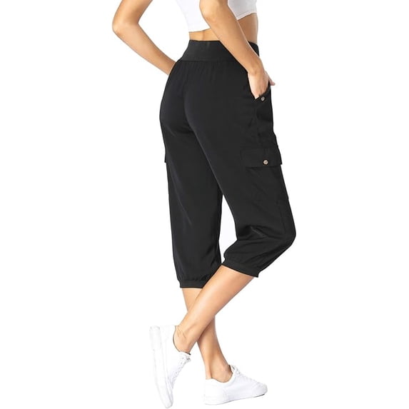 Womens Cargo Capris Travel High Waist Drawstring Workout Pants Button Decor Summer Loose Harem Sweatpants Stylish Soft Casual Work Pants with Pockets