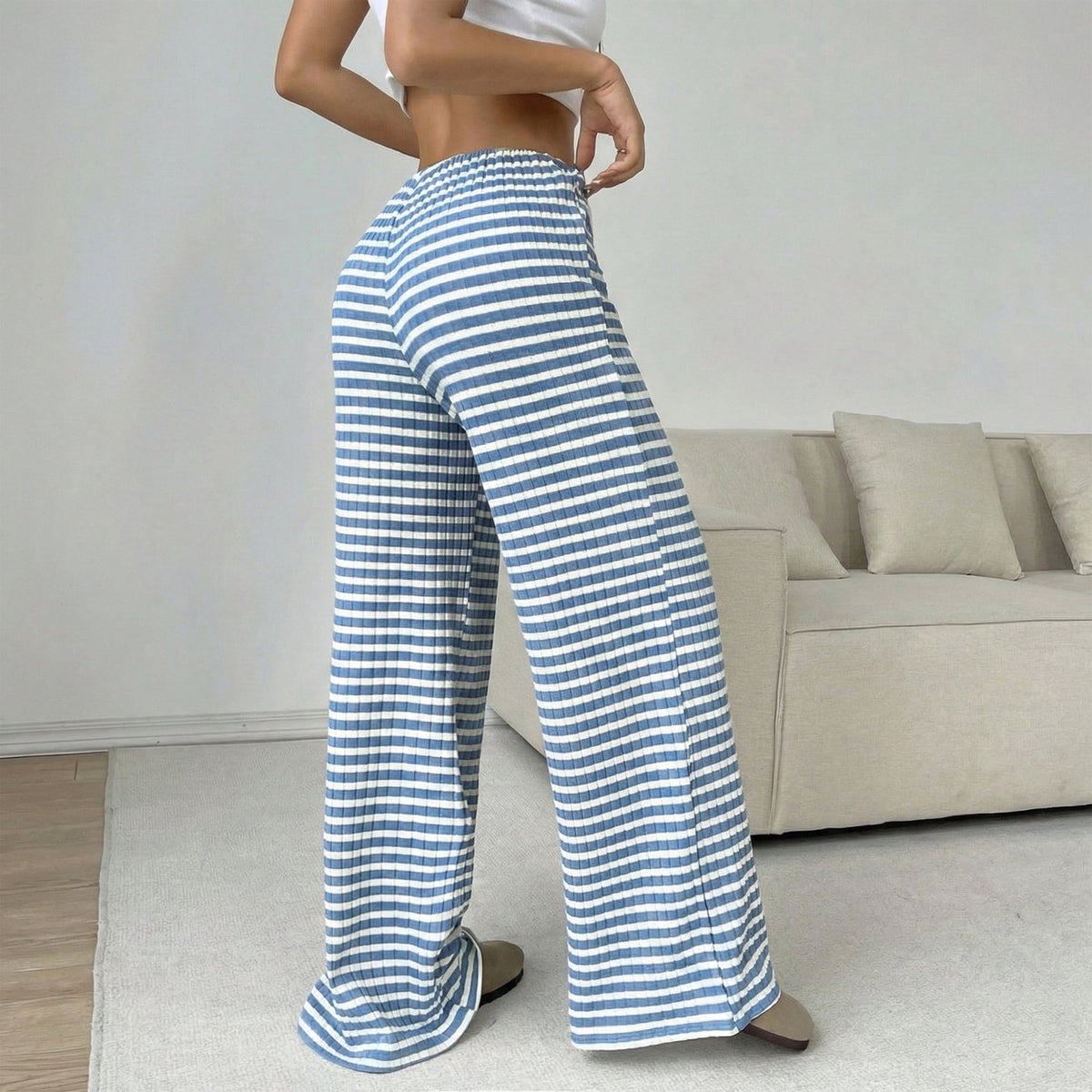 Women’s Wide Leg Palazzo Pants High Waisted Striped Knit Lounge Pants Elastic Waist Drawstring Casual Pajama Trousers