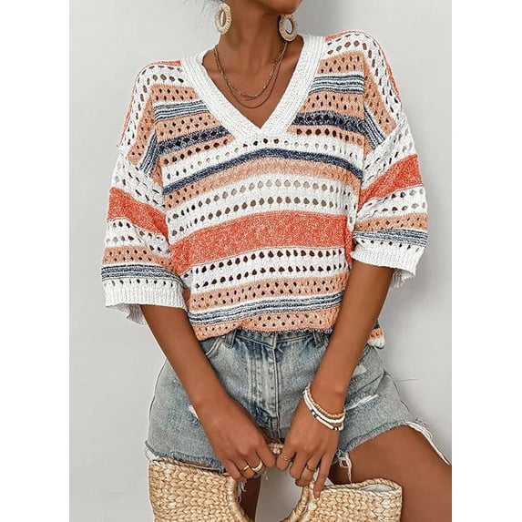 Women’s Crochet Sweater Top V Neck Cap Short Sleeve Spring Summer Knit Shirt Loose Hollow Out Striped Pullover Beach Vacation Cruise Casual Fashion Clothes