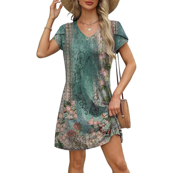 Women’s Summer Sundress with Pockets Short Sleeve V Neck Swing Midi Dress Casual Loose Fit Vacation Beach Dress