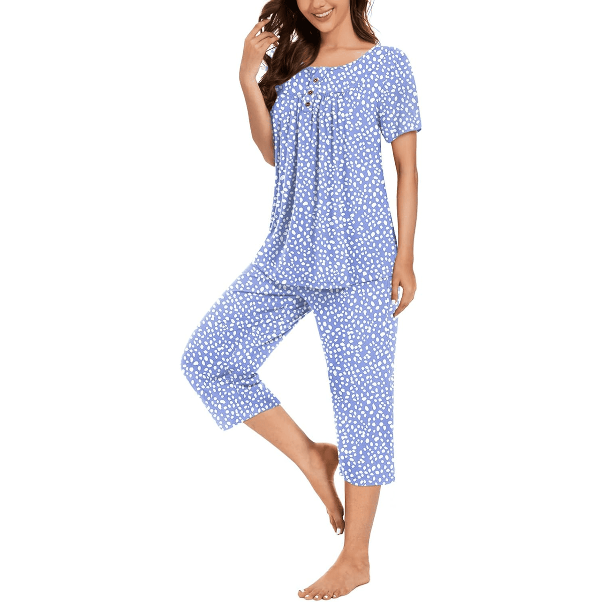 WQD Womens Pajama Sets 2 Piece Lounge Sets Soft Loungewear Comfy Pj Sets Henley Neck Short Sleeve Top and Capri Pants Loose Sleepwear with Pockets