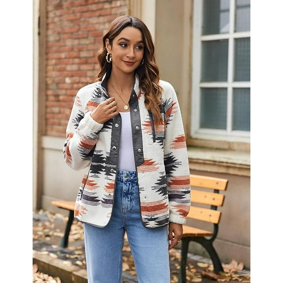 WQD Womens Fleece Shacket Jacket Winter Sherpa Coat Long Sleeve Warm Fuzzy Casual Western Aztec Print Outerwear Soft Cozy Snap Button Down Fashion Top with Pockets