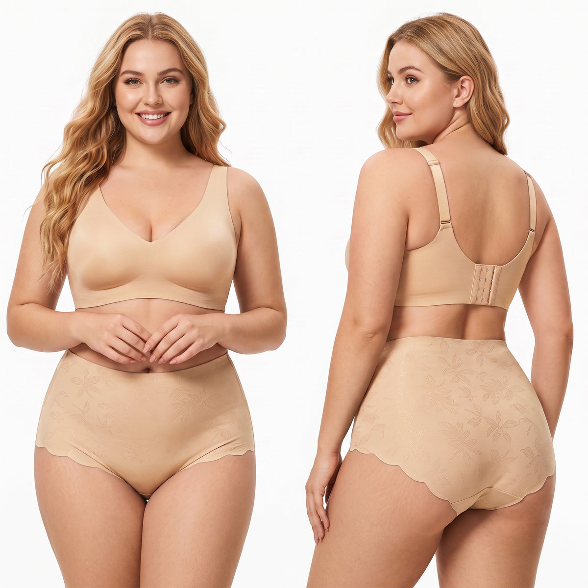 WQD 2 Pack Women's High Waisted Seamless Panties Tummy Control Full Coverage No Show Underwear Soft Stretch Breathable Invisible Briefs Floral Jacquard Everyday Panties M-4XL Plus Size