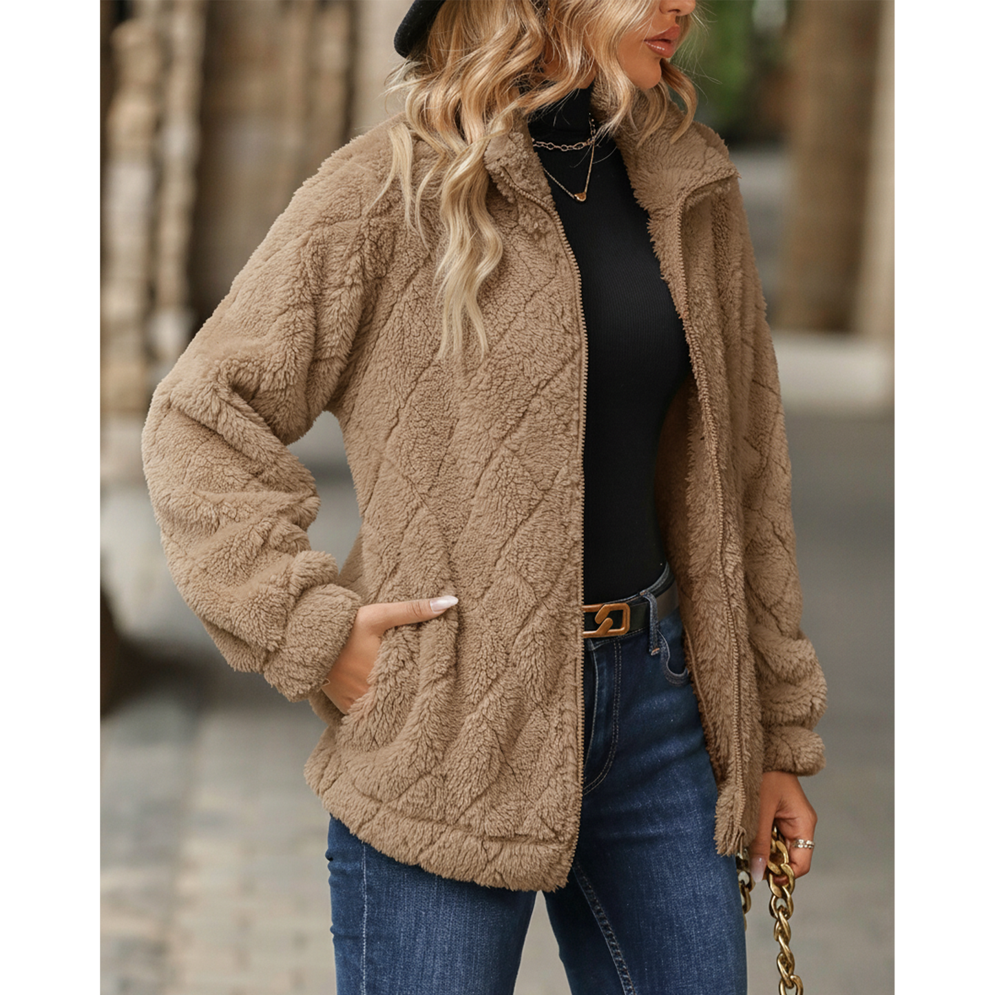 WQD Womens Sherpa Fleece Zip Up Jacket Long Sleeve Stand Collar Warm Fuzzy Teddy Coat Casual Winter Outerwear Soft Cozy Plush Sweatshirt