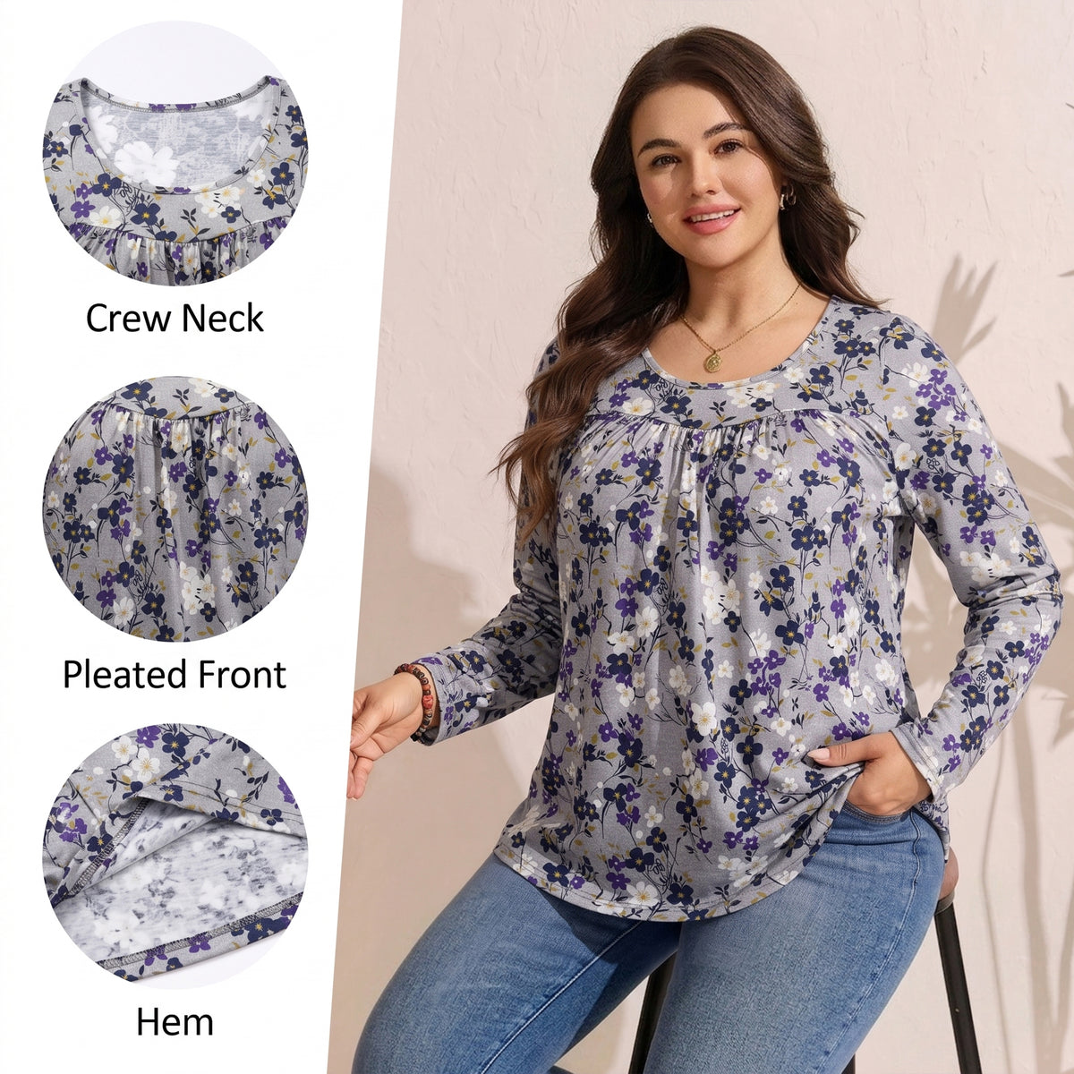 WQD Women's Long Sleeve Tunic Tops Floral Print Casual Crew Neck Pleated Blouse Loose Fit Flowy Shirts Dressy Casual Tops for Leggings S-4XL Plus Size