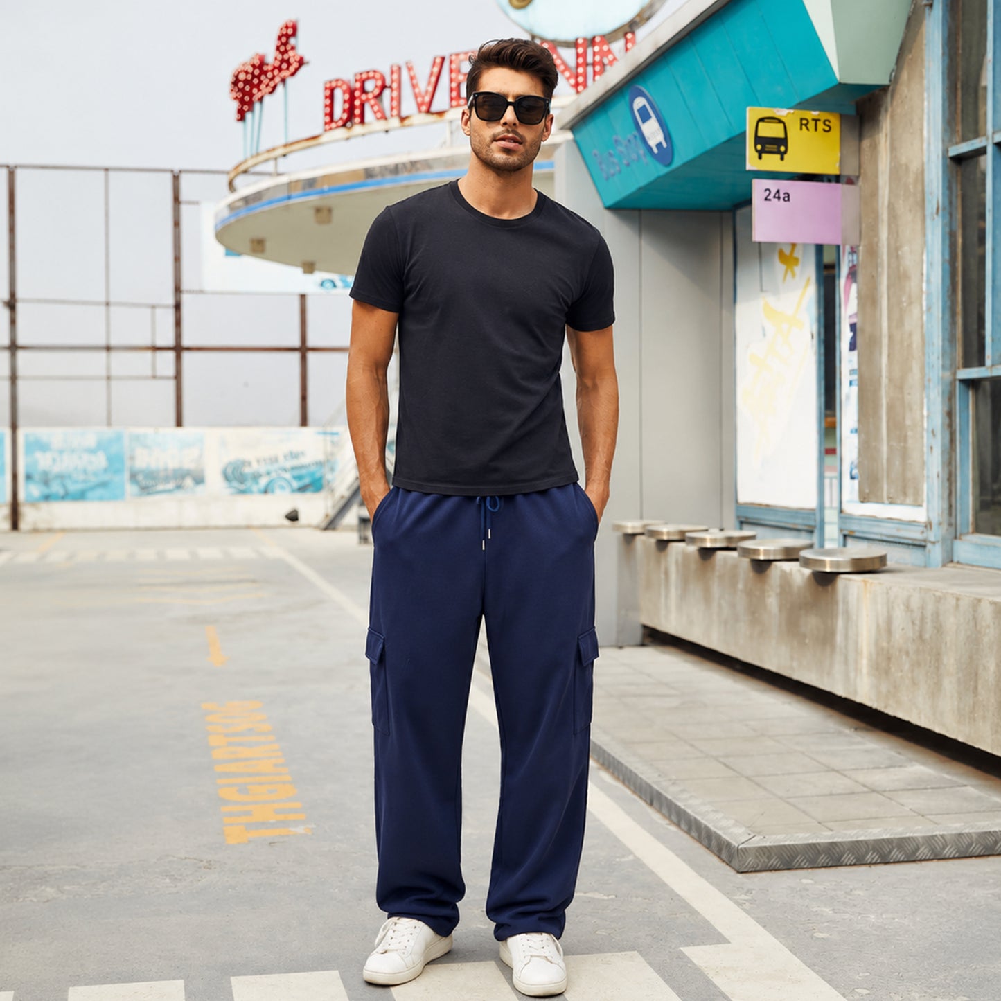 WQD Mens Cargo Sweatpants Baggy Gym Sweat Pants Drawstring Wide Leg Casual Lounge Pants with Pockets